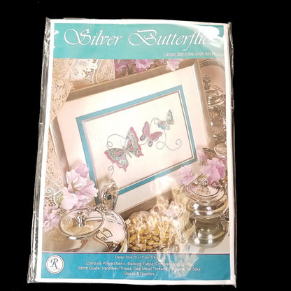 BETSY BEE DESIGN EMBROIDERY KIT: SILVER BUTTERFLIES W/ RAJMAHAL SILK THREADS  BM0