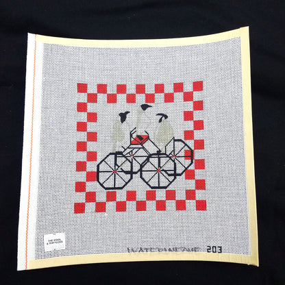 WHIMSICAL WATERWEAVE NEEDLEPOINT CANVAS:  PENGUINS ON CART    BM1