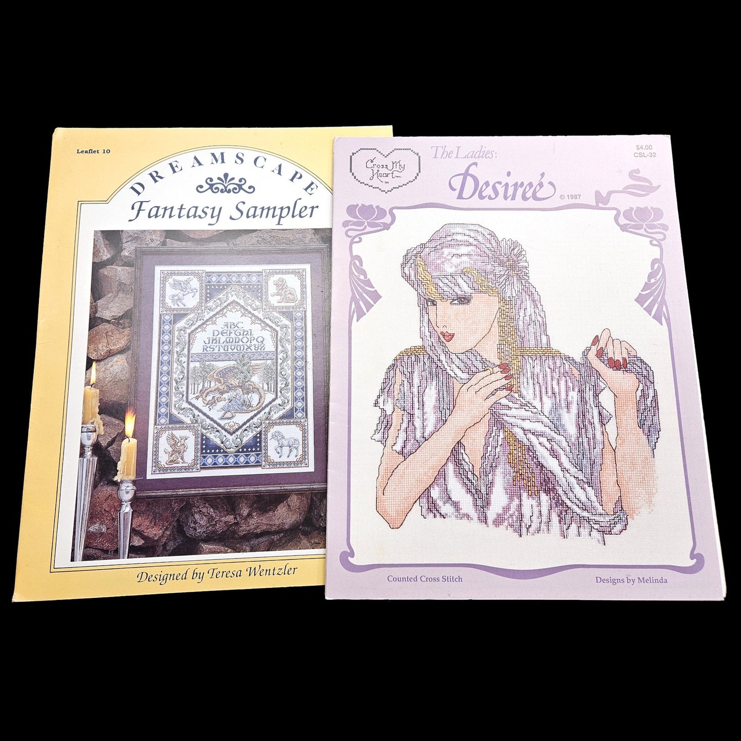 4 CROSS STITCH CHART LOT:  HEAVEN & EARTH DRAGONESS, DESIREE, FAIRY     BM1