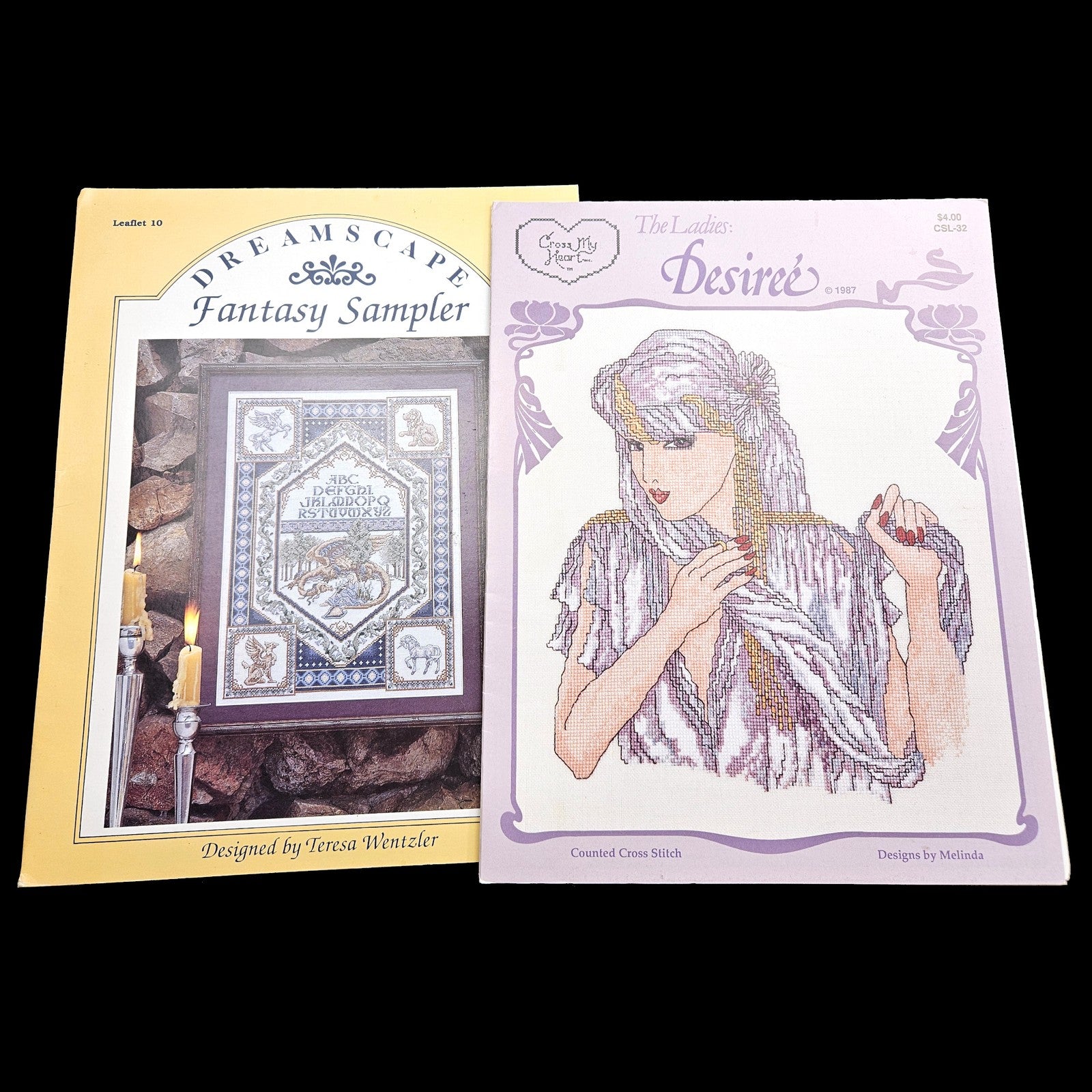4 CROSS STITCH CHART LOT:  HEAVEN & EARTH DRAGONESS, DESIREE, FAIRY     BM1