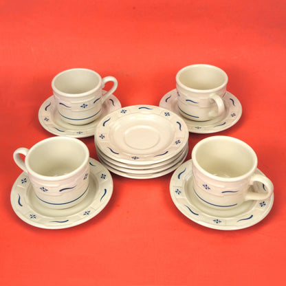 LONGABERGER POTTERY:  WOVEN TRADITIONS BLUE 4 CUP & SAUCER, 4 EXTRA SAUCERS0