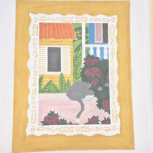 WHIMSICAL CECILIA NEEDLEPOINT CANVAS:  CAT IN BUSH   BM0