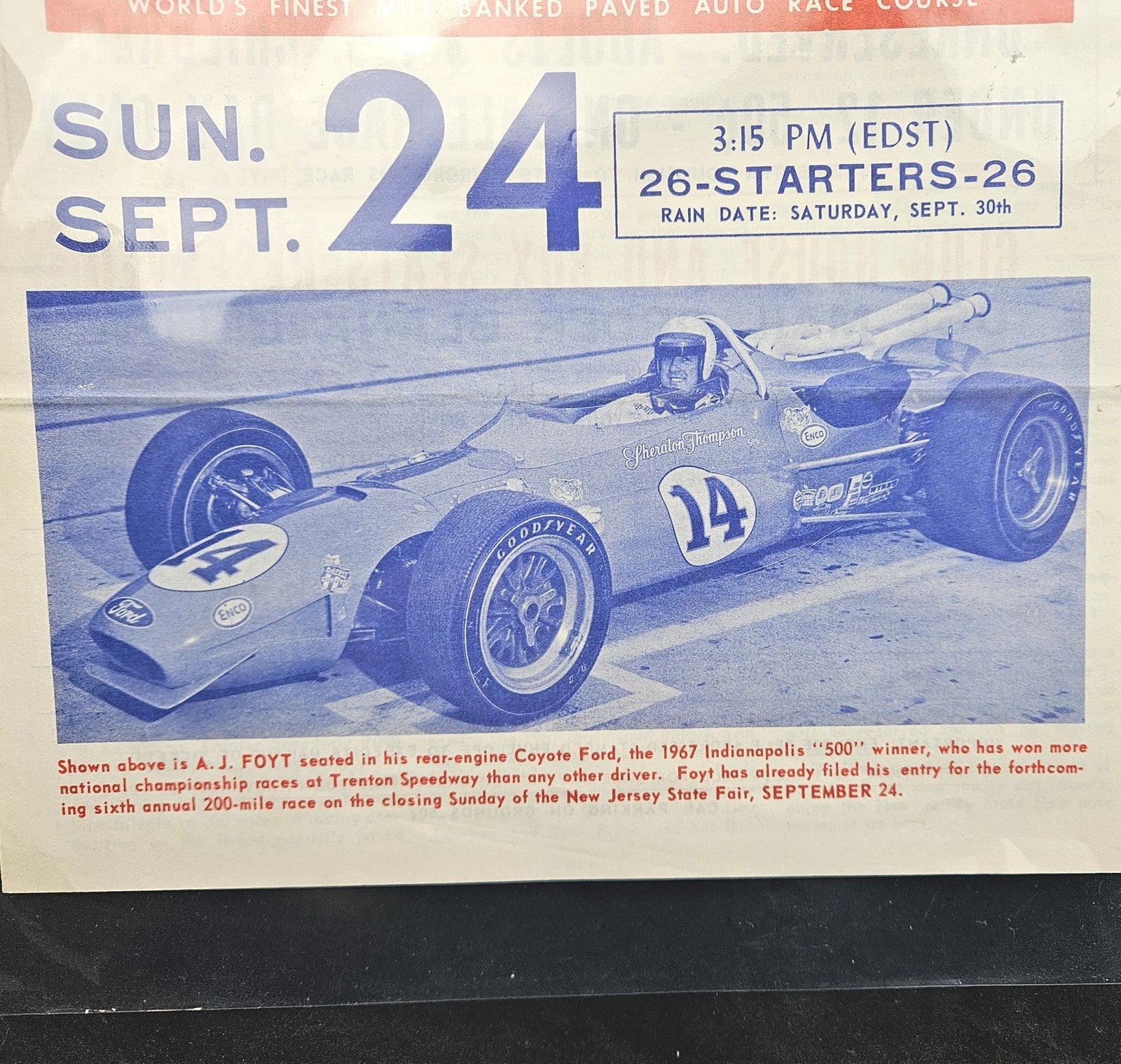 OOAK VINTAGE 1967 RACING NJ STATE FAIR FLYER:  FOYT, MARIO ANDRETTI    LF3