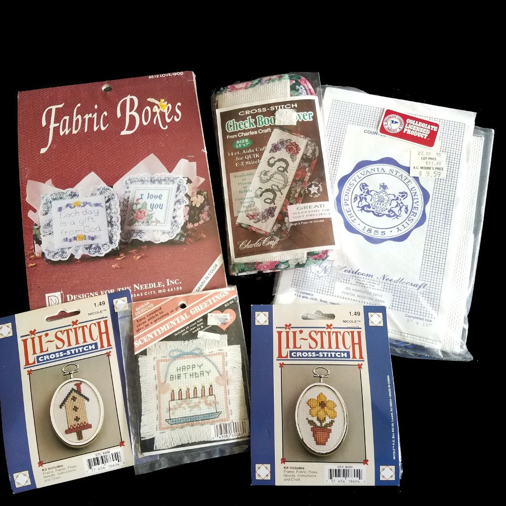 6 MINI CROSS STITCH KIT LOT:  FLOWER, BIRTHDAY, CHECK BOOK COVER, PSU, BOXES  BM0