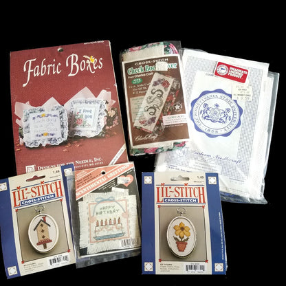 6 MINI CROSS STITCH KIT LOT:  FLOWER, BIRTHDAY, CHECK BOOK COVER, PSU, BOXES  BM0