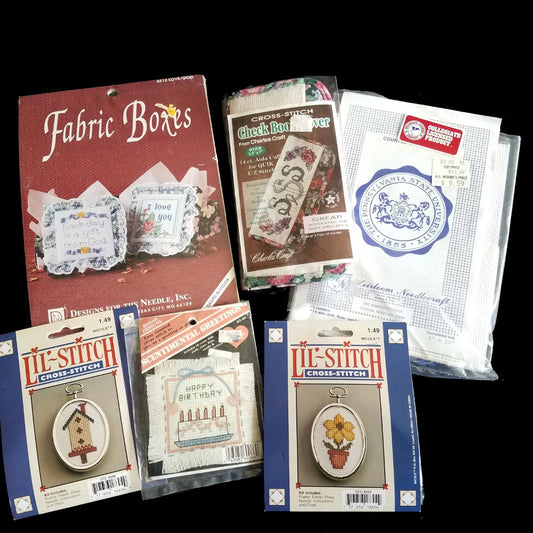 6 MINI CROSS STITCH KIT LOT:  FLOWER, BIRTHDAY, CHECK BOOK COVER, PSU, BOXES  BM0