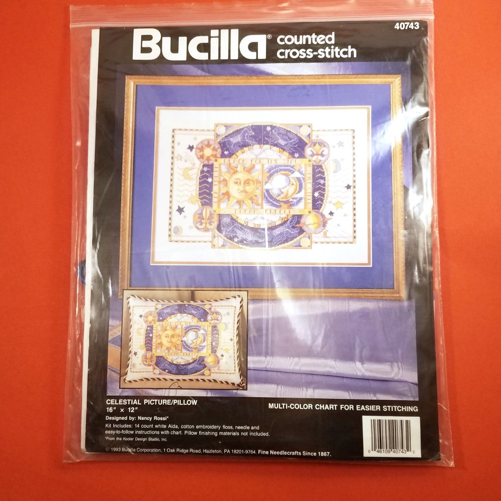 BUCILLA COUNTED CROSS STITCH KIT:  CELESTIAL PICTURE/PILLOW     DB0