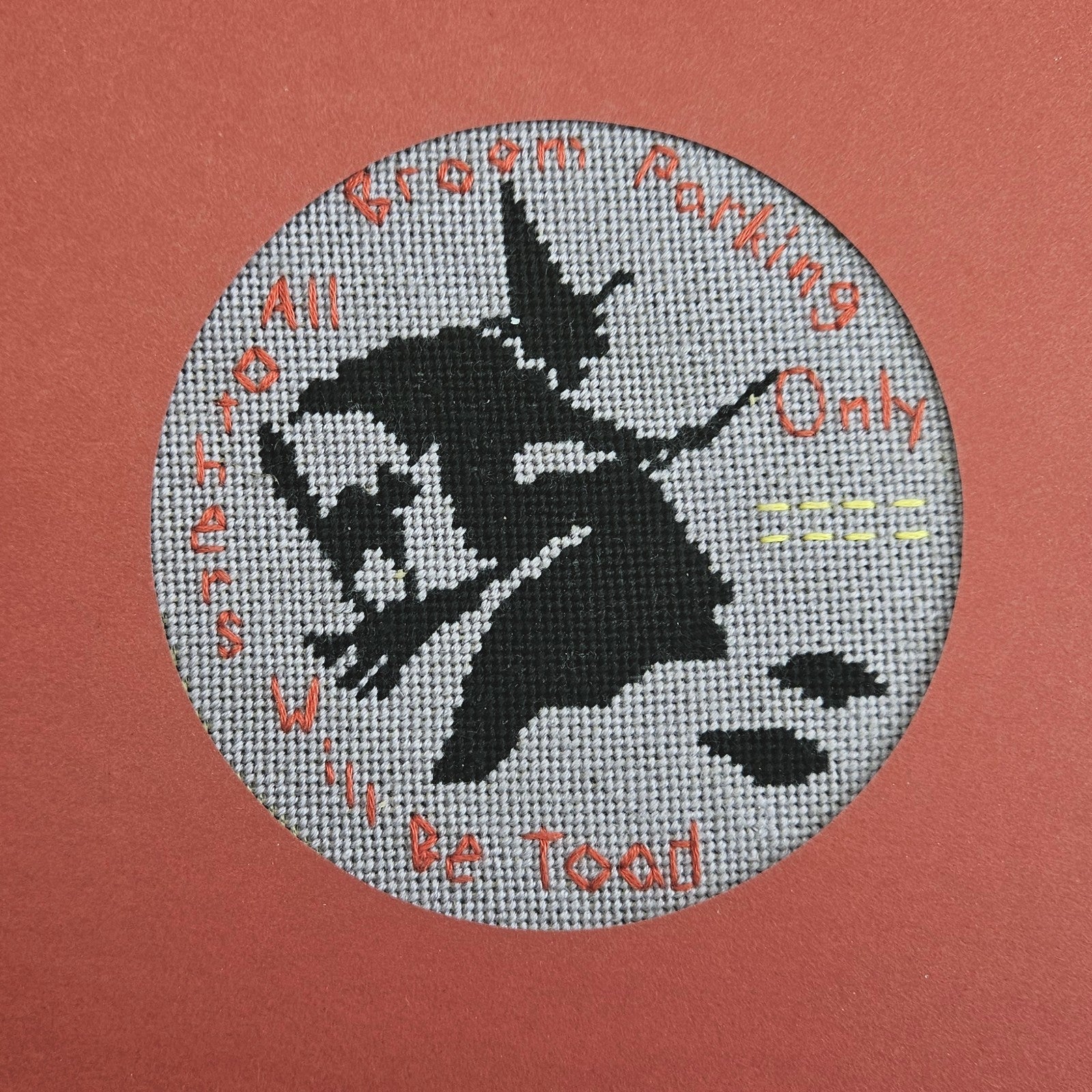 WHIMSICAL HALLOWEEN WITCH COMPLETED CROSS STITCH:  BROOM PARKING ONLY    BM0