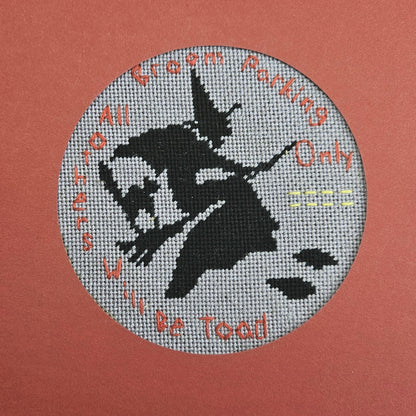 WHIMSICAL HALLOWEEN WITCH COMPLETED CROSS STITCH:  BROOM PARKING ONLY    BM0