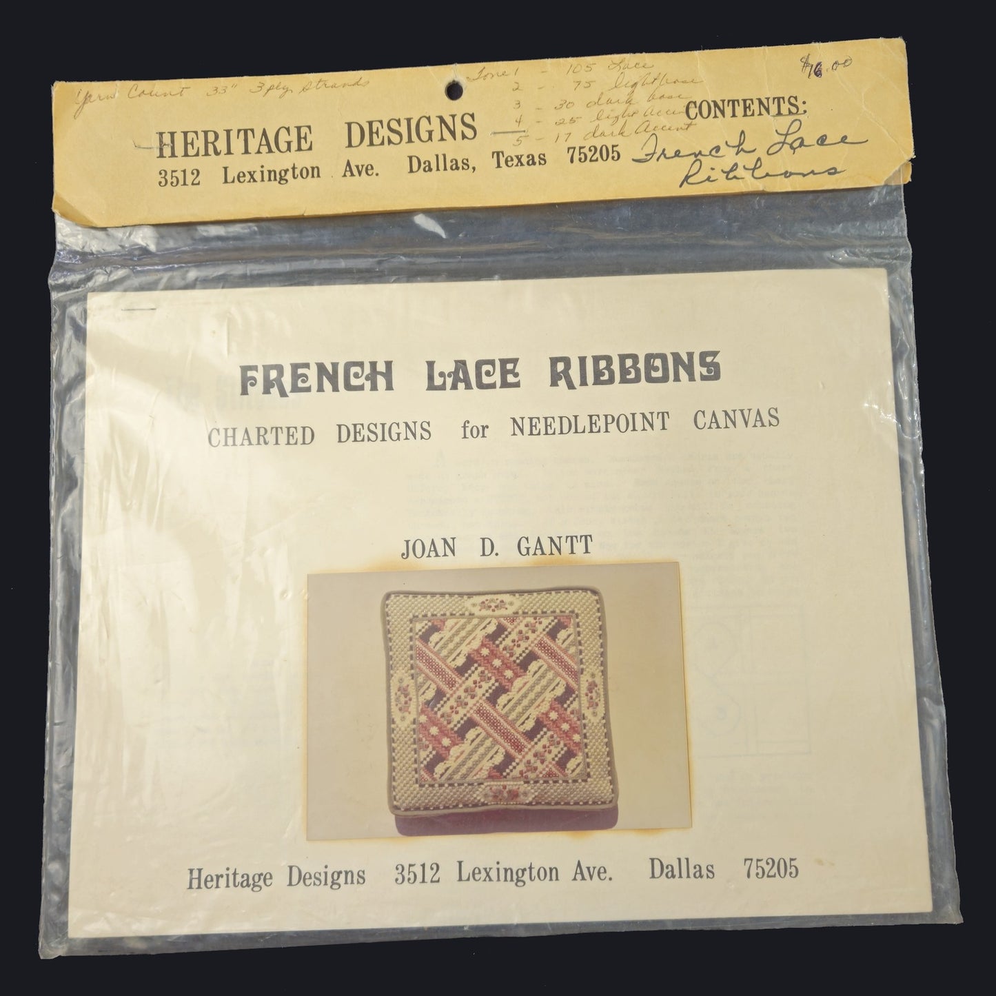 HERITAGE DESIGNS JOAN GANTT SG & NEEDLEPOINT CANVAS:  FRENCH LACE RIBBONS    BM1