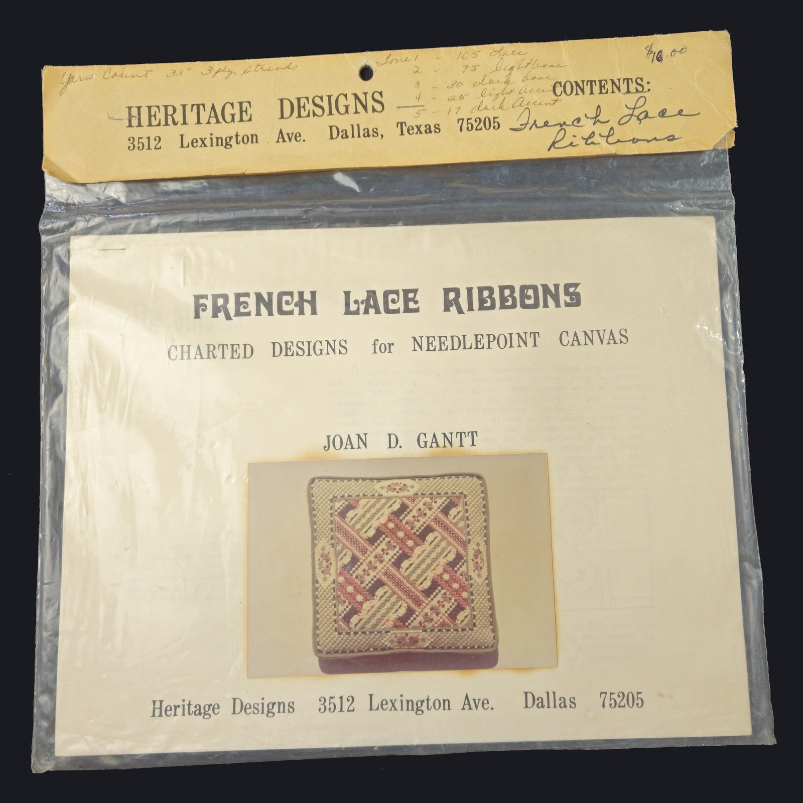 HERITAGE DESIGNS JOAN GANTT SG & NEEDLEPOINT CANVAS:  FRENCH LACE RIBBONS    BM1