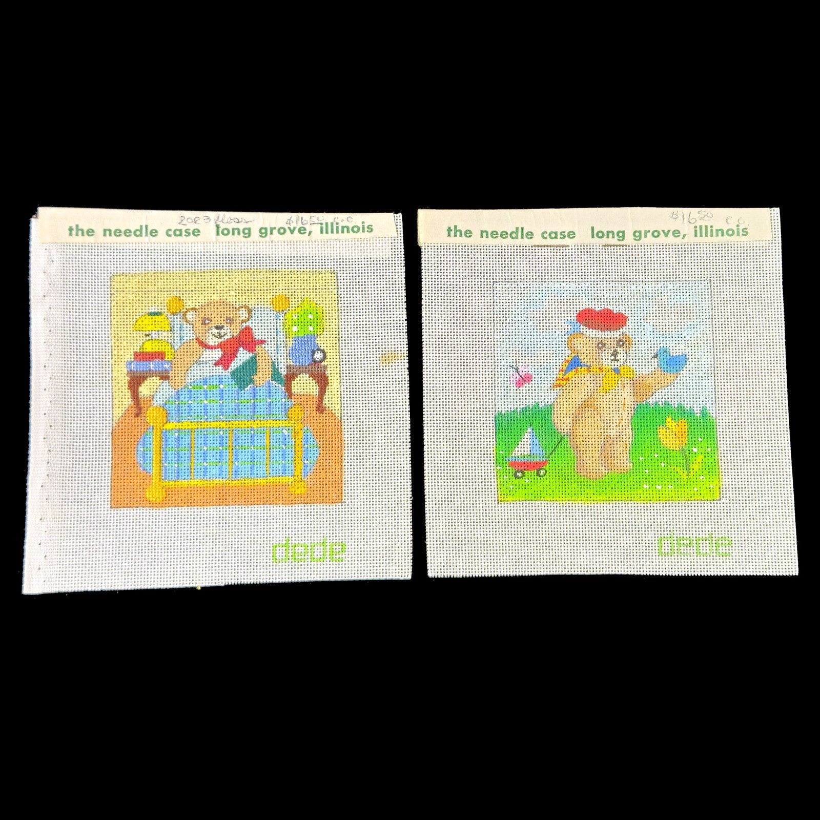 2 VINTAGE OOAK DEDE HP NEEDLEPOINT CANVAS LOT:  BEAR THEME CHILD'S ROOM    BM0