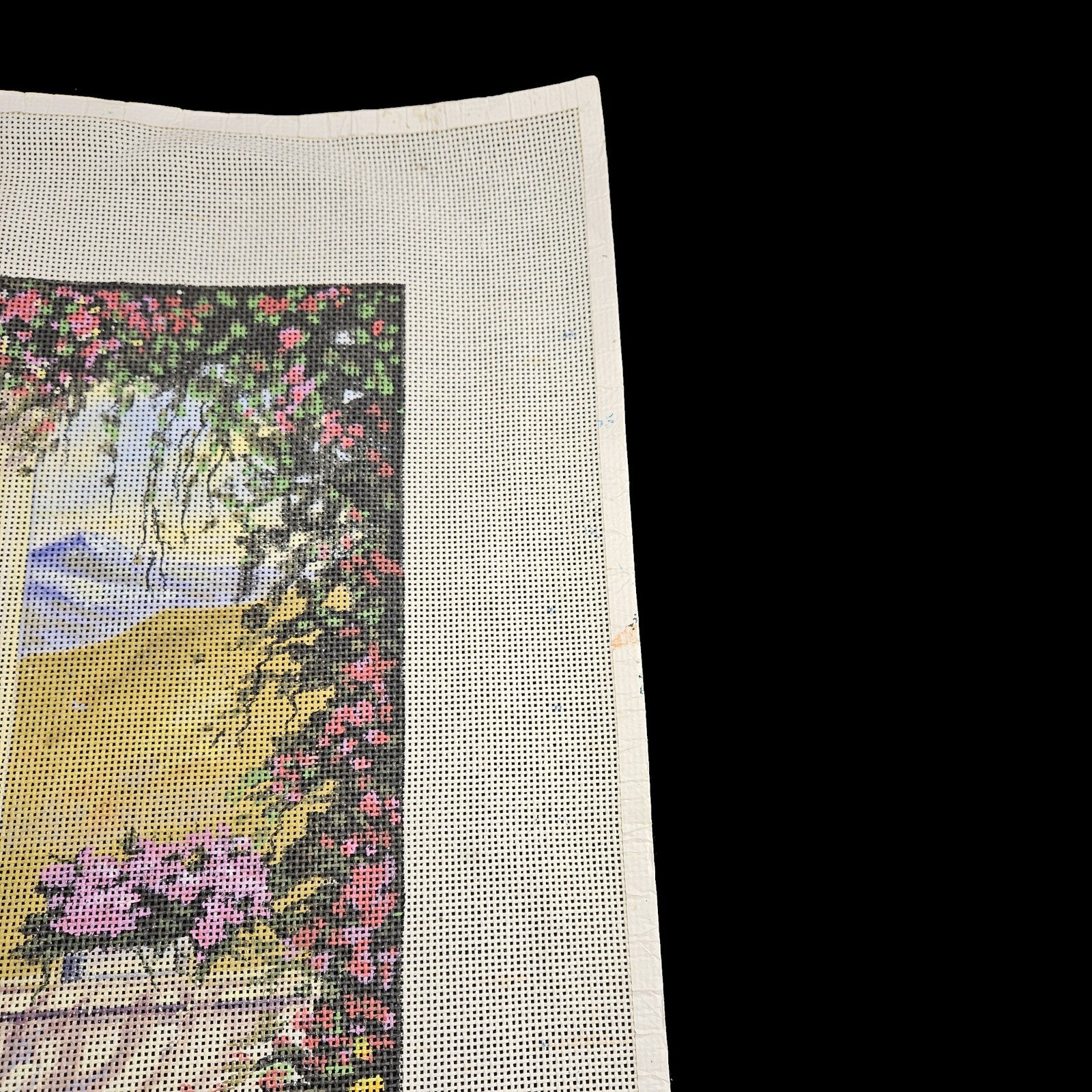 GORGEOUS HP NEEDLEPOINT CANVAS OOAK:  FLORAL DECK LANDSCAPE  GG3
