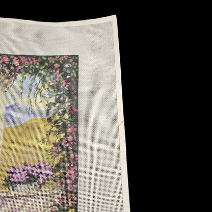GORGEOUS HP NEEDLEPOINT CANVAS OOAK:  FLORAL DECK LANDSCAPE  GG3