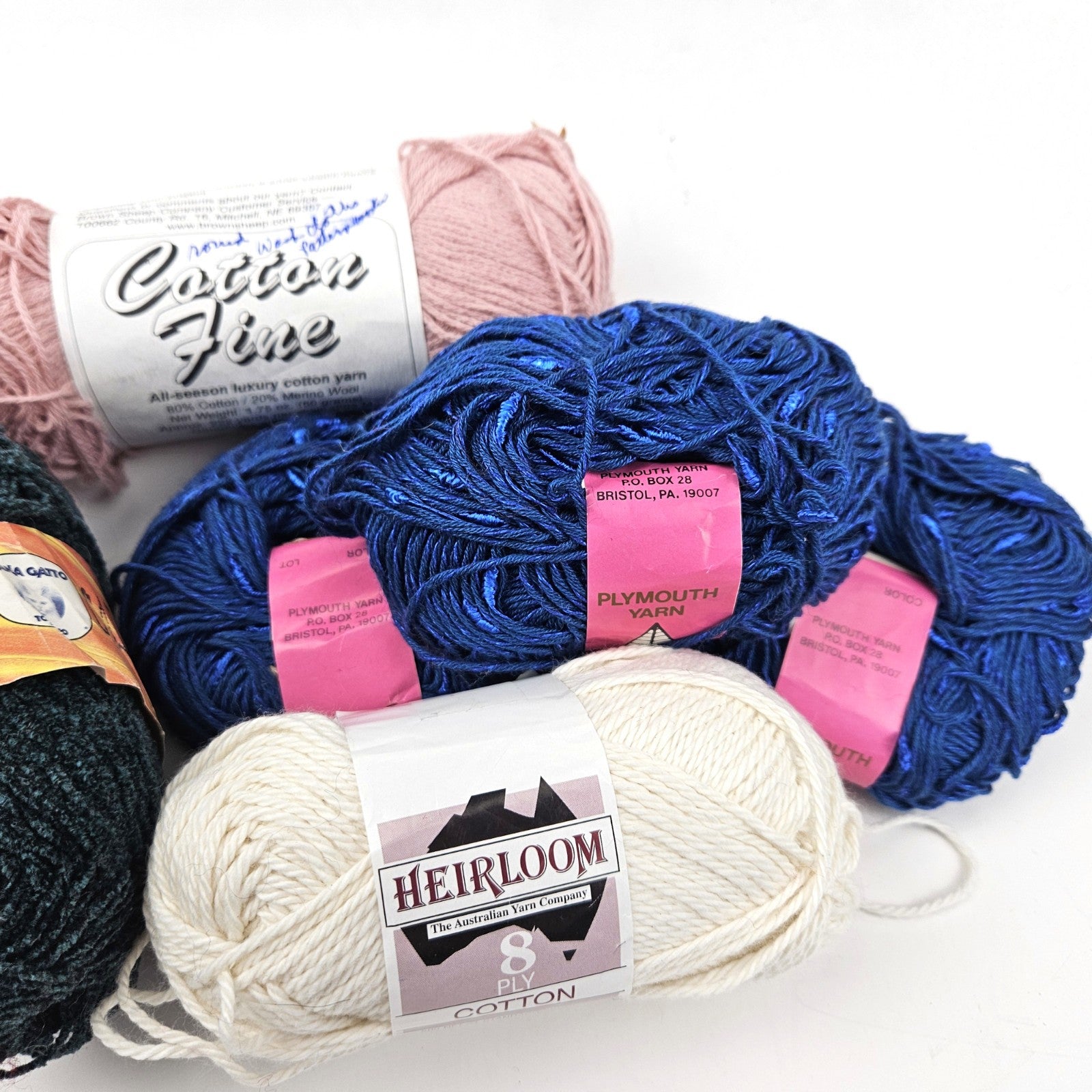 VARIETY COTTON YARN LOT:  11 OZ  PLYMOUTH YARN, LANA GATTO, BROWN SHEEP1