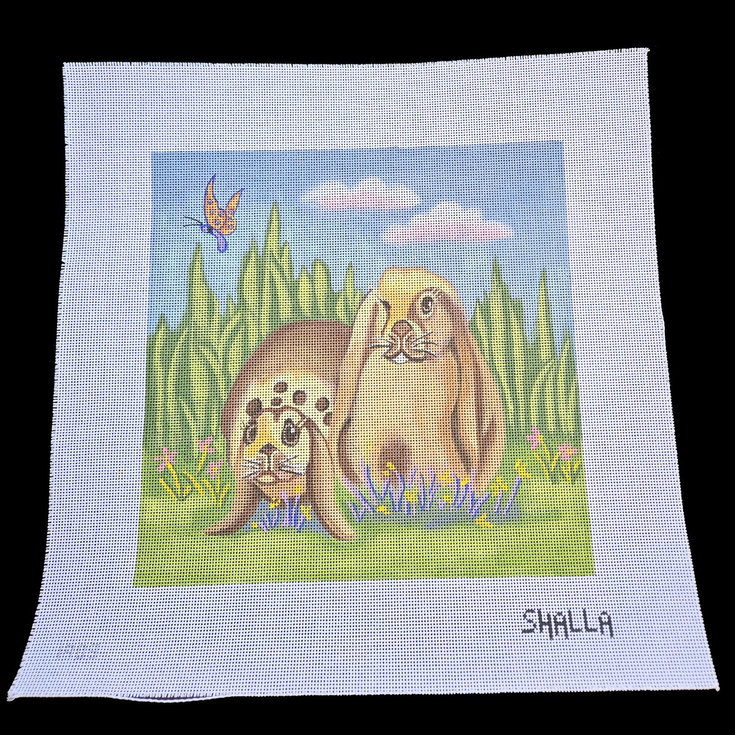 SHALLA OOAK HP NEEDLEPOINT CANVAS: BUNNY RABBITS EASTER   GG1