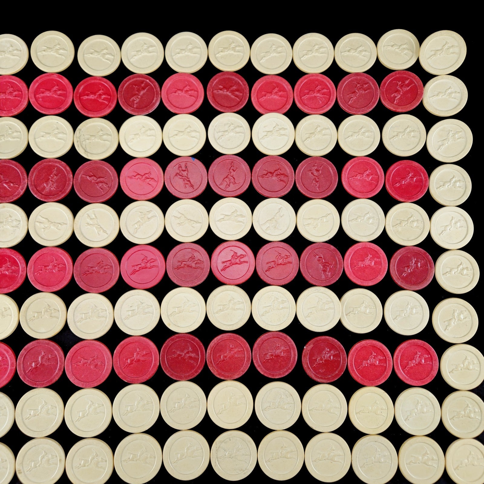 178 VINTAGE CLAY POKER CHIPS HORSE RACING / JOCKEY EMBOSSED: RED, WHITE, BLUE2