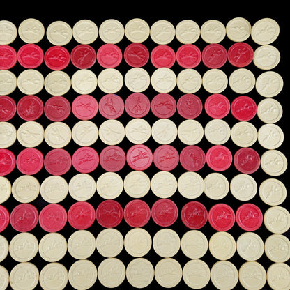 178 VINTAGE CLAY POKER CHIPS HORSE RACING / JOCKEY EMBOSSED: RED, WHITE, BLUE2