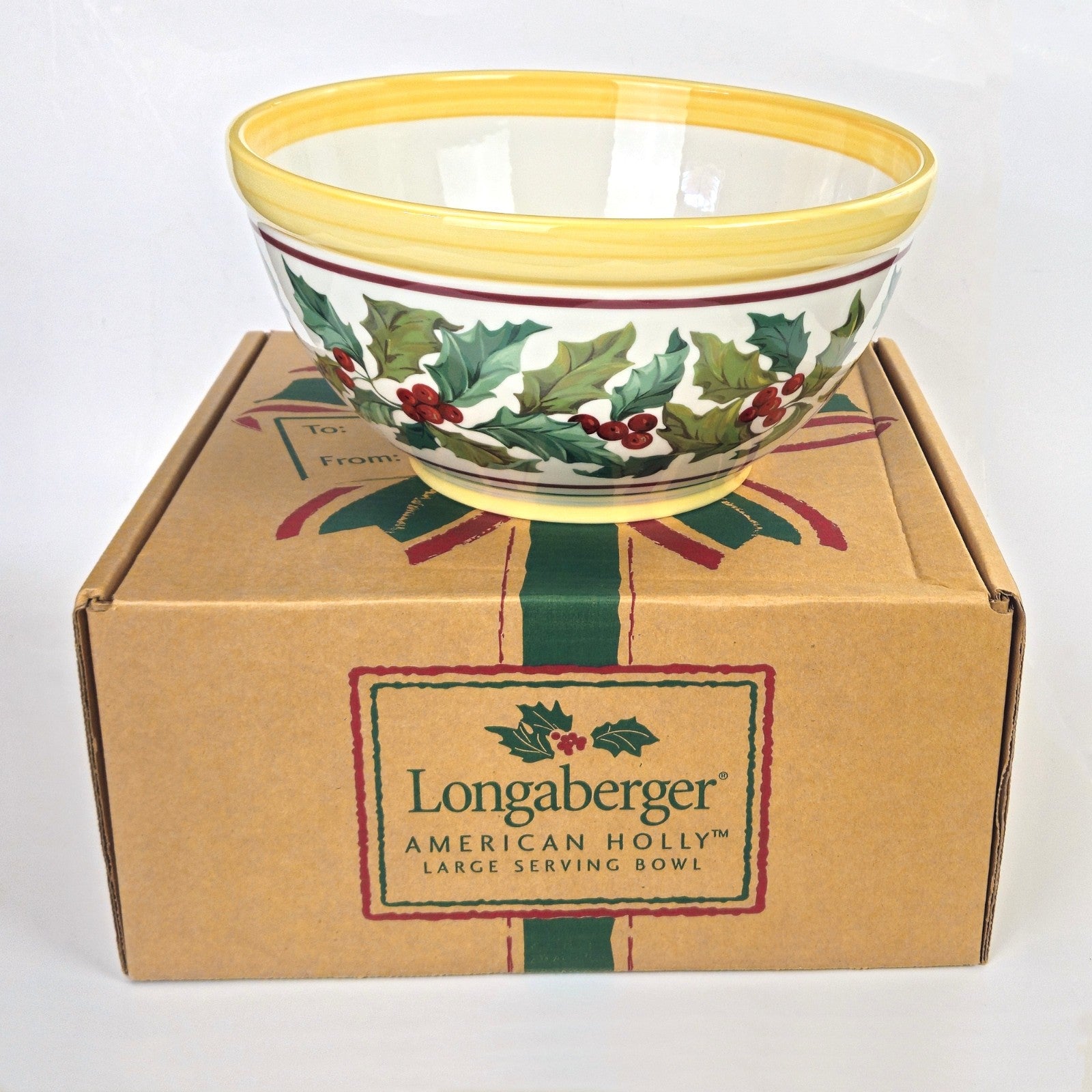 RETIRED LONGABERGER POTTERY:  CHRISTMAS AMERICAN HOLLY LG SERVING BOWL  NIB0