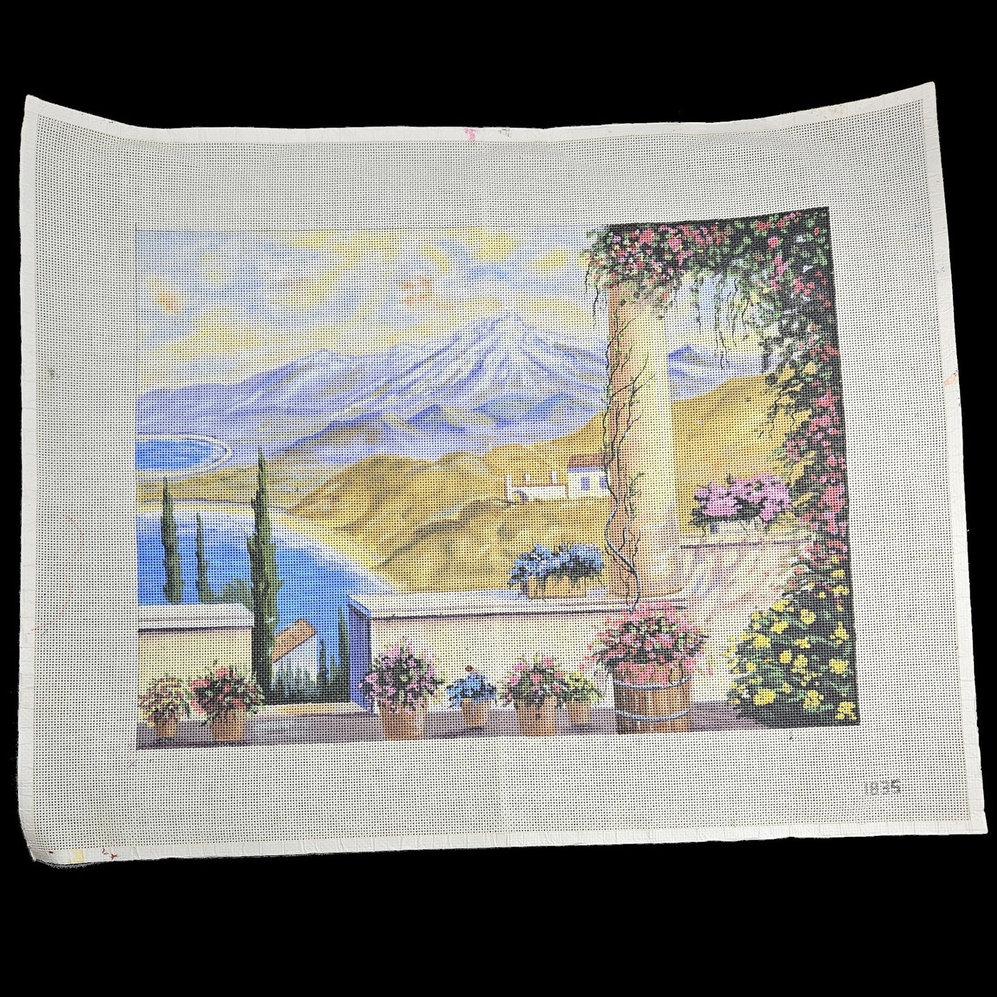 GORGEOUS HP NEEDLEPOINT CANVAS OOAK:  FLORAL DECK LANDSCAPE  GG1