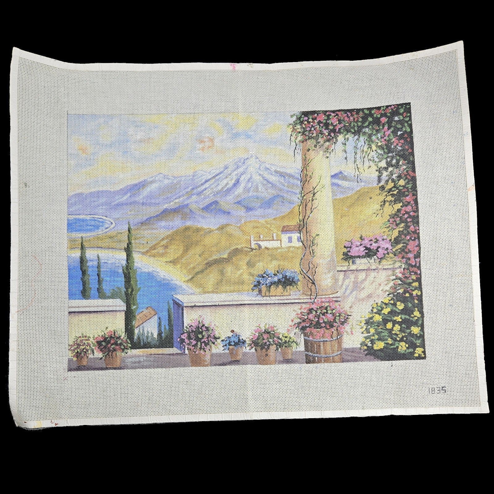 GORGEOUS HP NEEDLEPOINT CANVAS OOAK:  FLORAL DECK LANDSCAPE  GG1