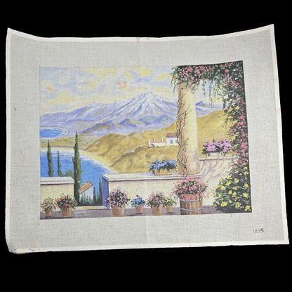 GORGEOUS HP NEEDLEPOINT CANVAS OOAK:  FLORAL DECK LANDSCAPE  GG1