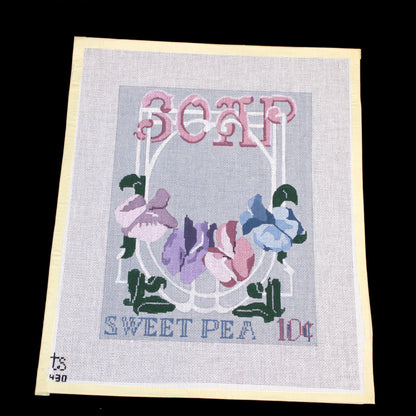 TS DESIGNS HP NEEDLEPOINT CANVAS:  ADVERTISEMENTS SWEET PEA SOAP 10 CENTS    BM1