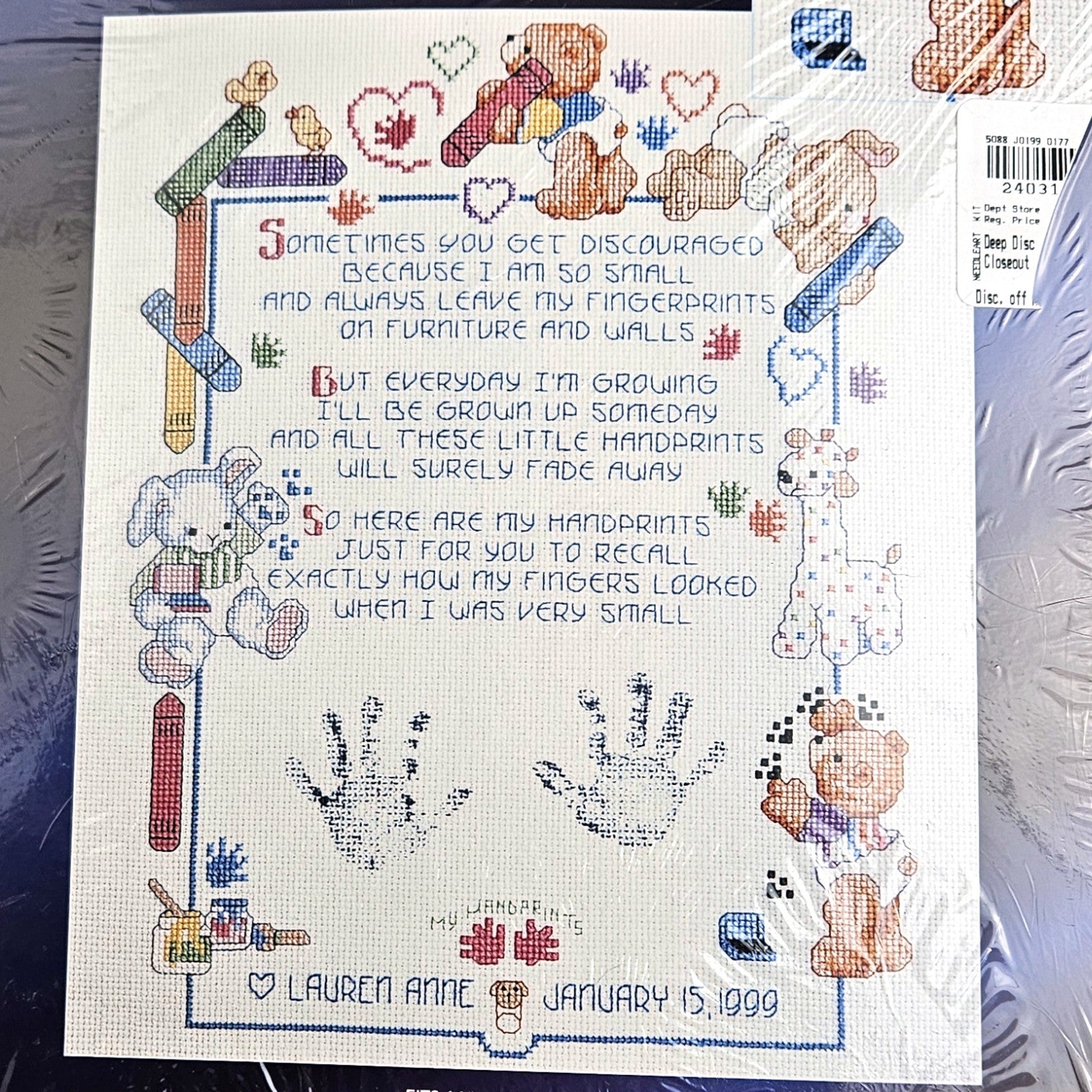DESIGNS FOR THE NEEDLE CROSS STITCH KIT: FINGERPRINTS BABY BIRTH HAND PRINT   SL1