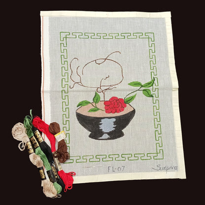 SUZANNE HP NEEDLEPOINT CANVAS W/ THREADS: ASIAN ORIENTAL THEME FLOWER DECOR   BM1