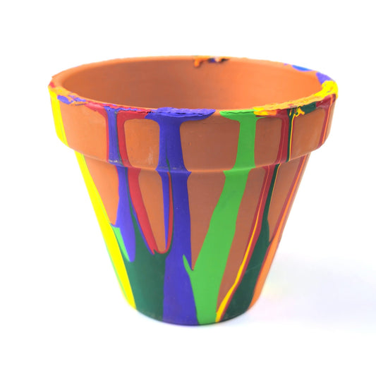 HAND PAINTED CLAY FLOWER POT:  PRIMARY CIRCUS COLORS0