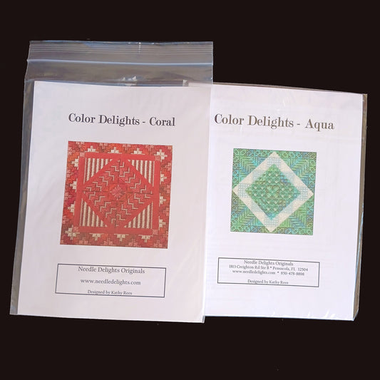 2 NEEDLE DELIGHTS ORIGINALS STITCH GUIDES:  COLOR DELIGHTS CORAL, AQUA  BM0