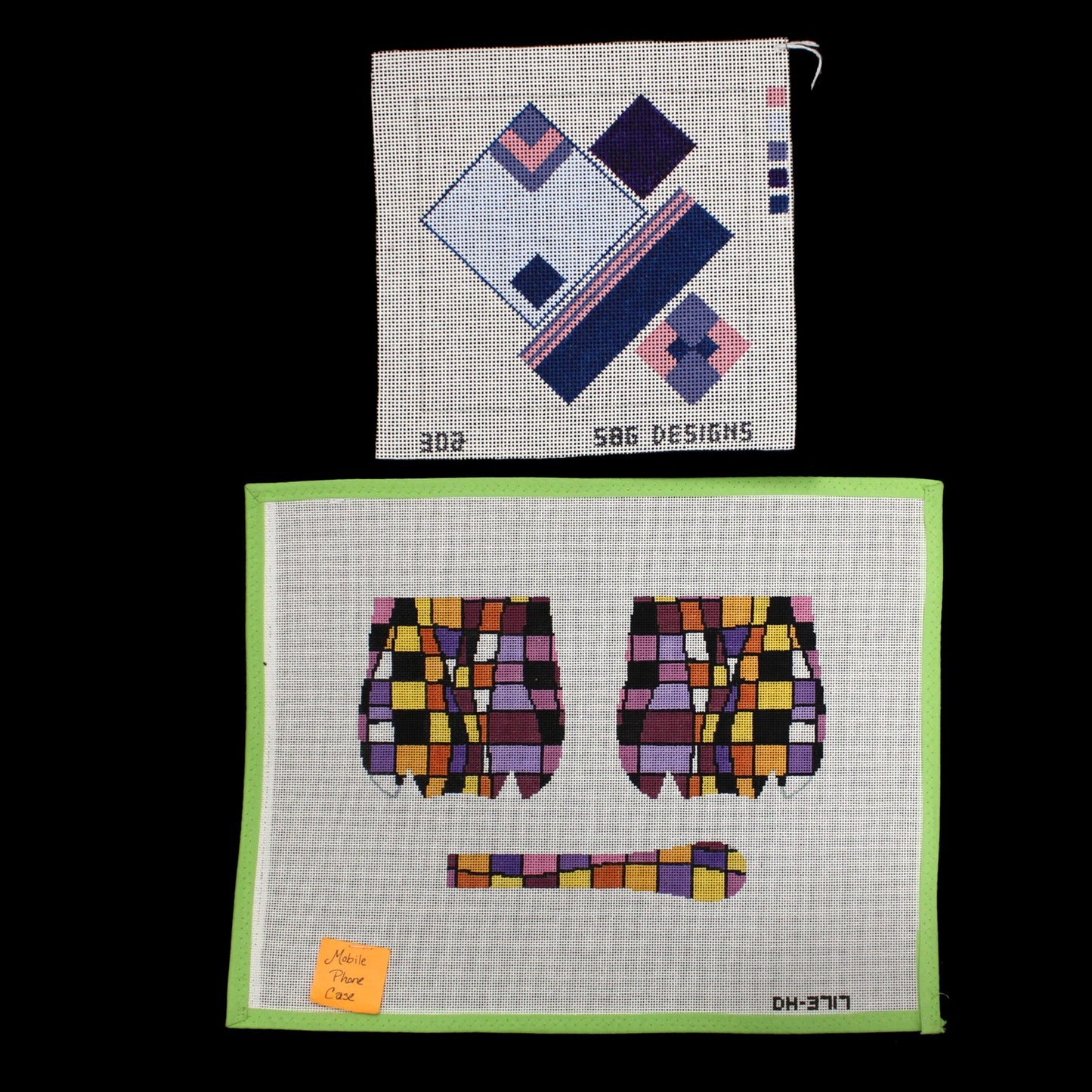 2 NEEDLEPOINT CANVAS LOT:  ABSTRACT DESIGN, MOBILE CELL PHONE CASE     BM0