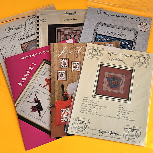6 EMBROIDERY CHARTS:  PLAYING CARDS, DANCE STAMP, TEAPOT, BROKEN STAR    BM0