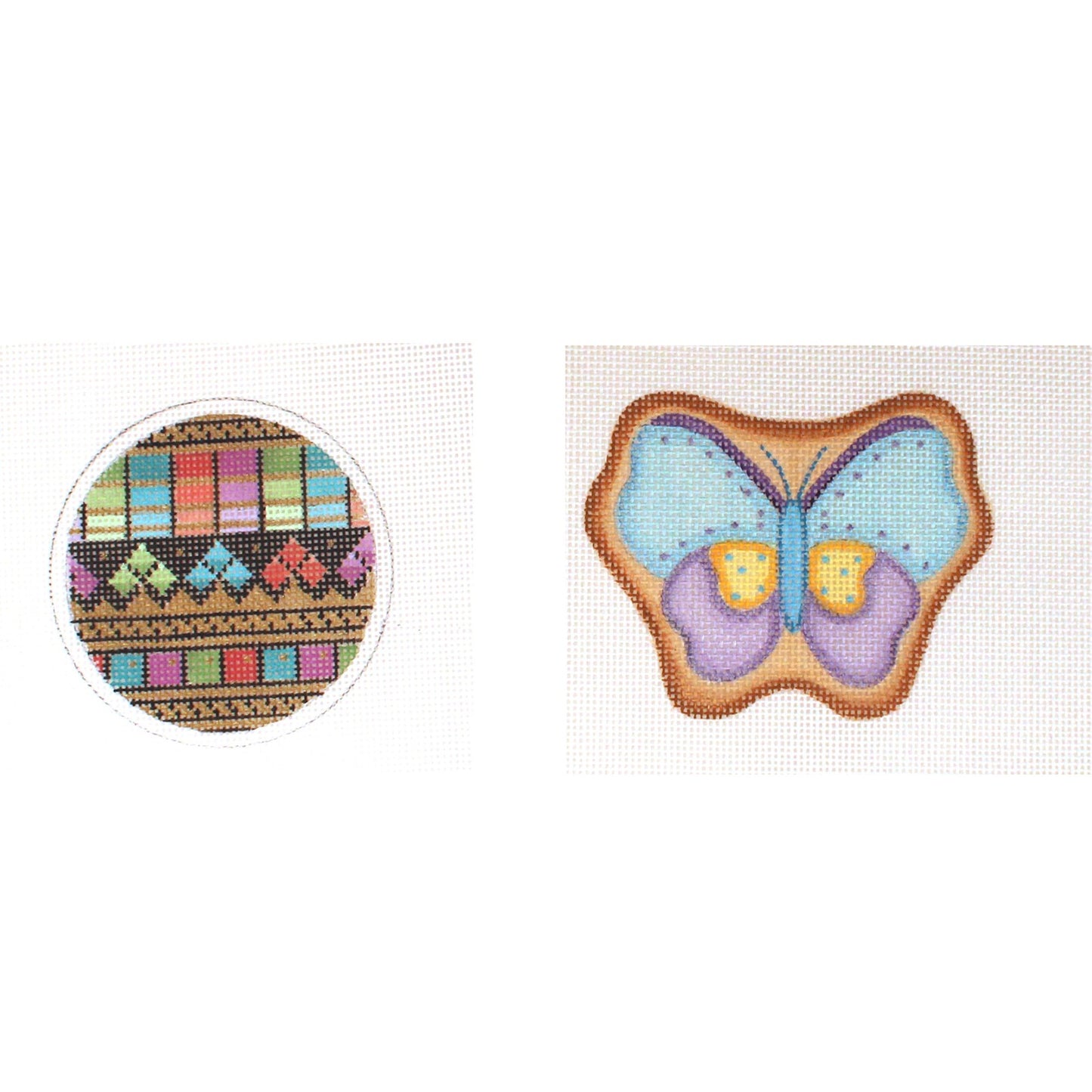 2 HAND PAINTED NEEDLEPOINT CANVAS LOT:  MINDY ORNAMENT, COD BUTTERFLY    BM0