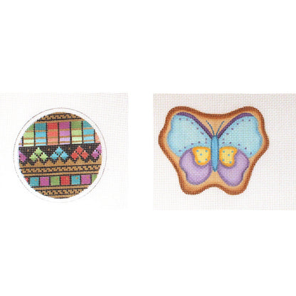 2 HAND PAINTED NEEDLEPOINT CANVAS LOT:  MINDY ORNAMENT, COD BUTTERFLY    BM0