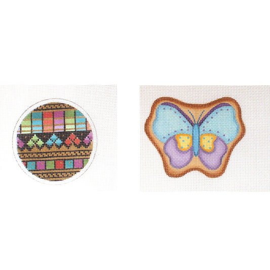 2 HAND PAINTED NEEDLEPOINT CANVAS LOT:  MINDY ORNAMENT, COD BUTTERFLY    BM0