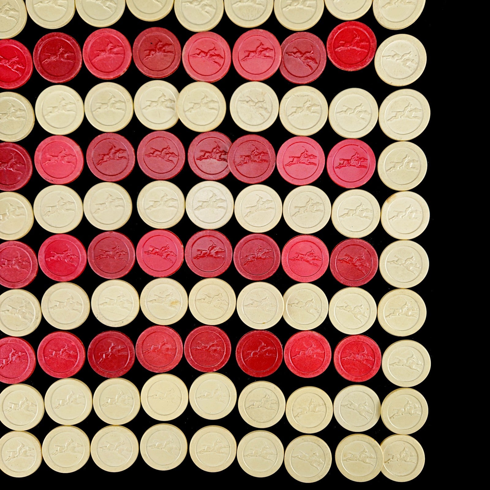 178 VINTAGE CLAY POKER CHIPS HORSE RACING / JOCKEY EMBOSSED: RED, WHITE, BLUE7