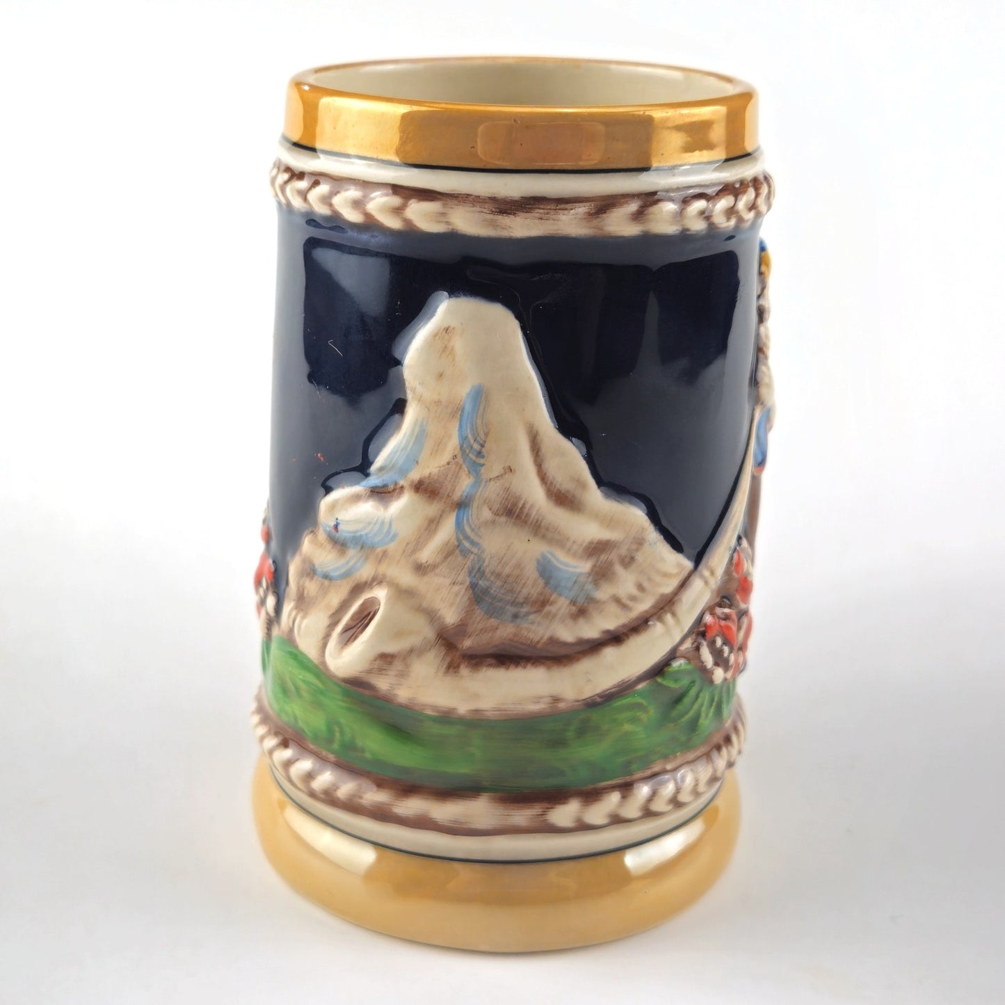 NOVELTY GERMANY BEER STEIN  WITH MAKER MARK: MAIDEN & MAN WITH ALPHORN    LF1