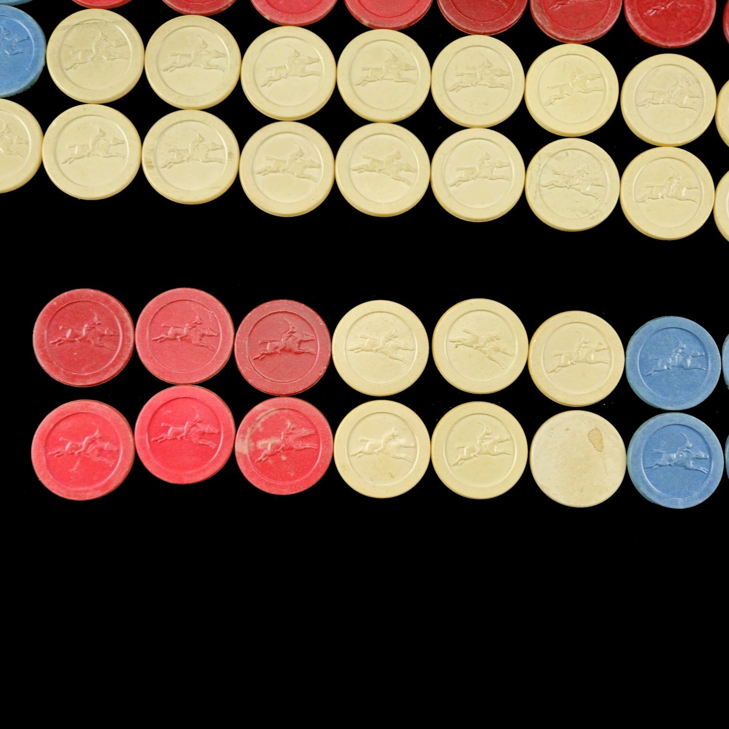 178 VINTAGE CLAY POKER CHIPS HORSE RACING / JOCKEY EMBOSSED: RED, WHITE, BLUE3