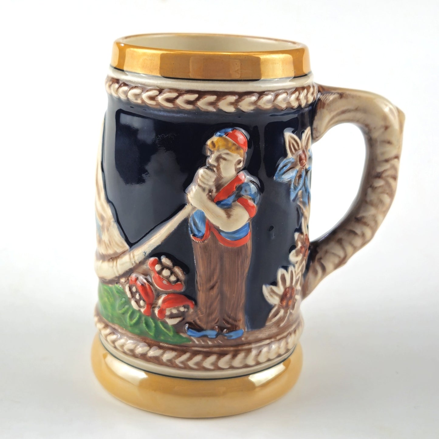 NOVELTY GERMANY BEER STEIN  WITH MAKER MARK: MAIDEN & MAN WITH ALPHORN    LF0
