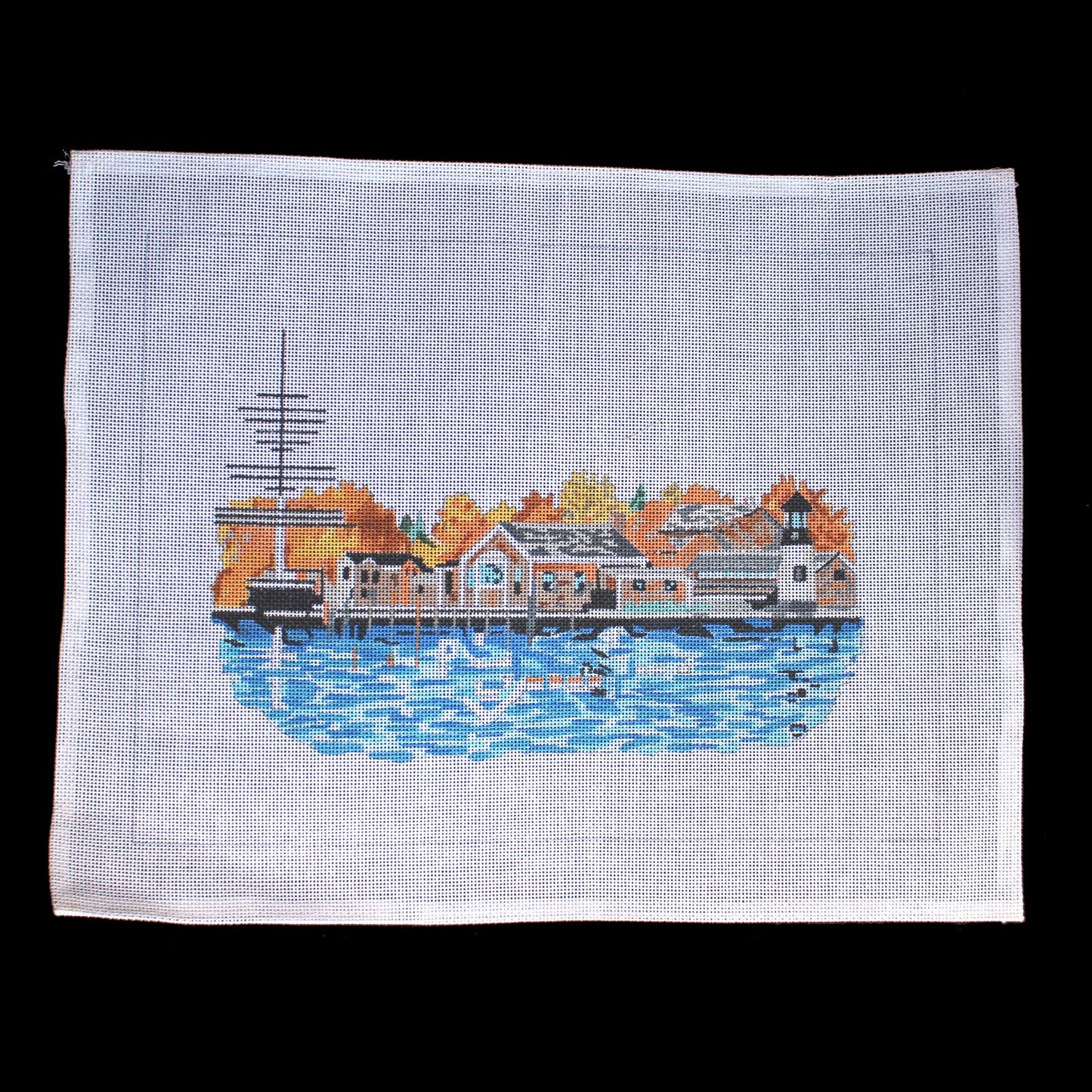 HP NEEDLEPOINT CANVAS: WATERFRONT PIER LIGHTHOUSE     BM1