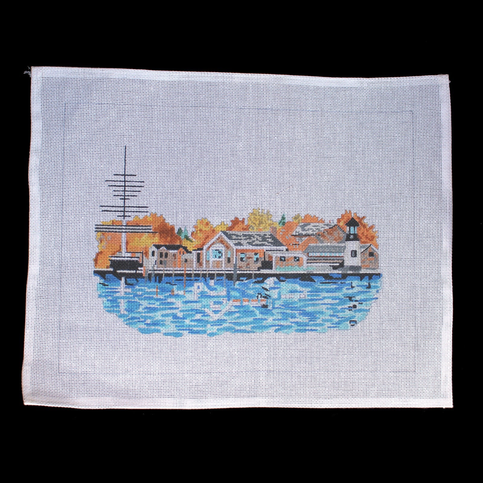 HP NEEDLEPOINT CANVAS: WATERFRONT PIER LIGHTHOUSE     BM1