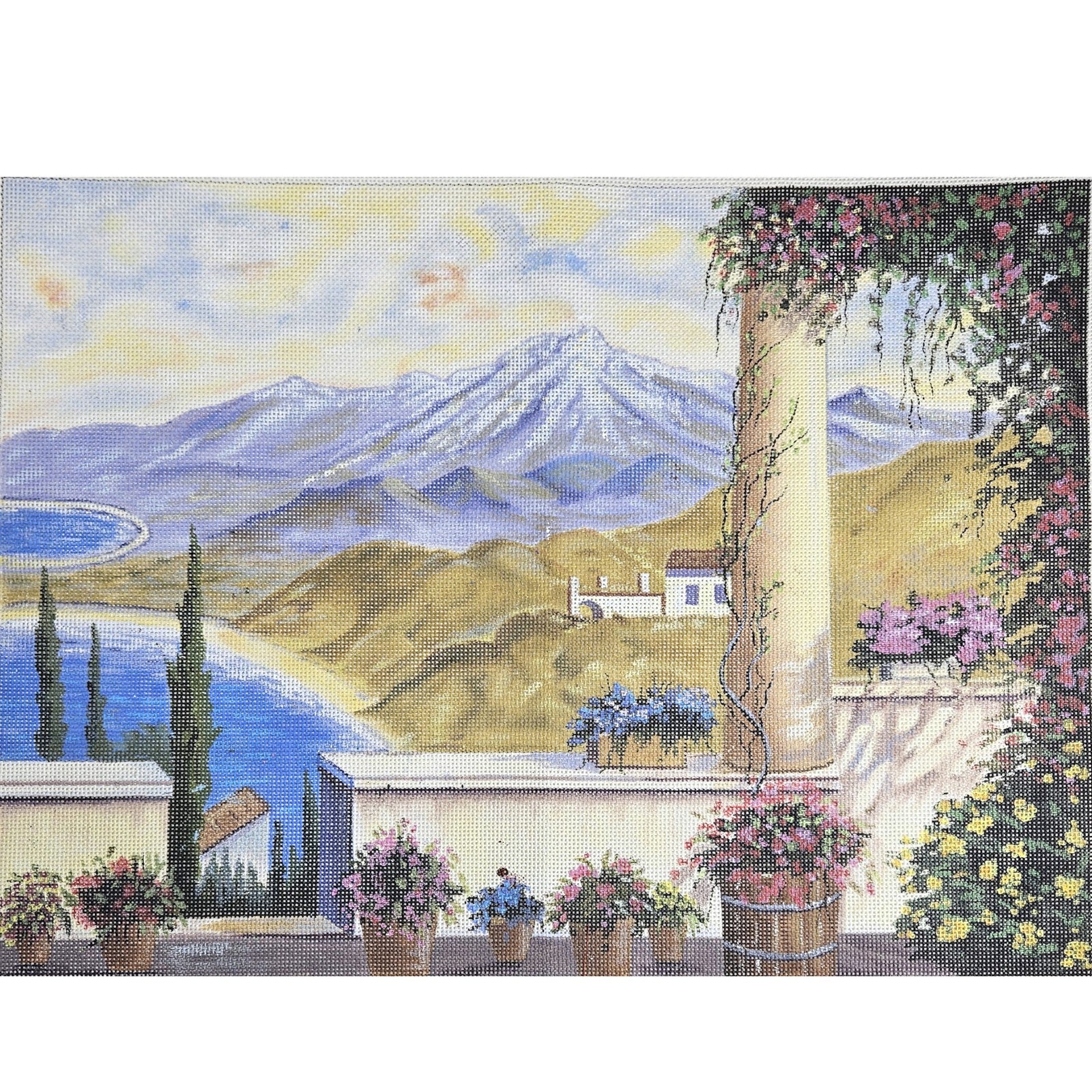 GORGEOUS HP NEEDLEPOINT CANVAS OOAK:  FLORAL DECK LANDSCAPE  GG0