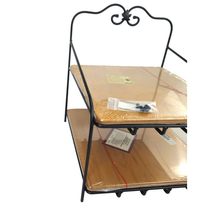 LONGABERGER WROUGHT IRON 2 TIER PAPER TRAY STAND WITH WOODEN SHELVES NEW1