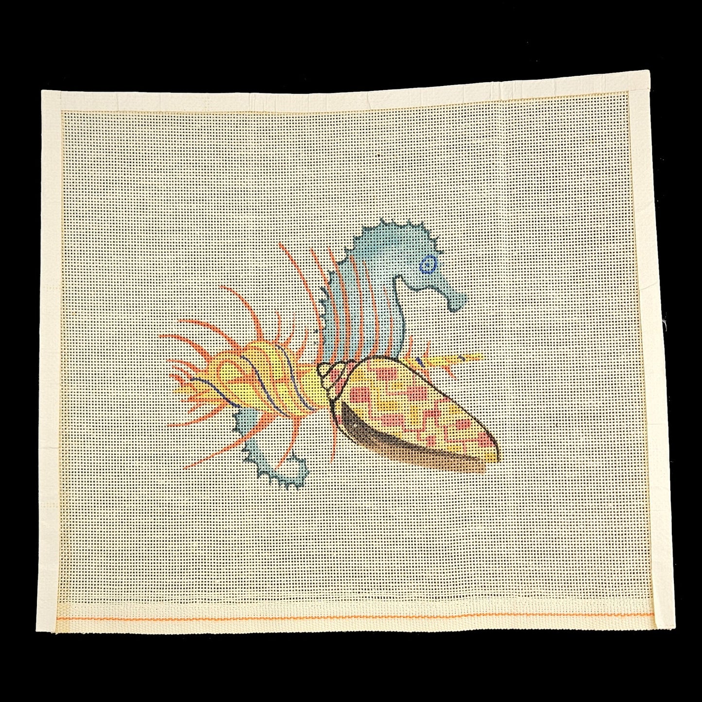 HAND PAINTED NEEDLEPOINT CANVAS:  SEAHORSE SEASHELL OCEAN THEME      BM1