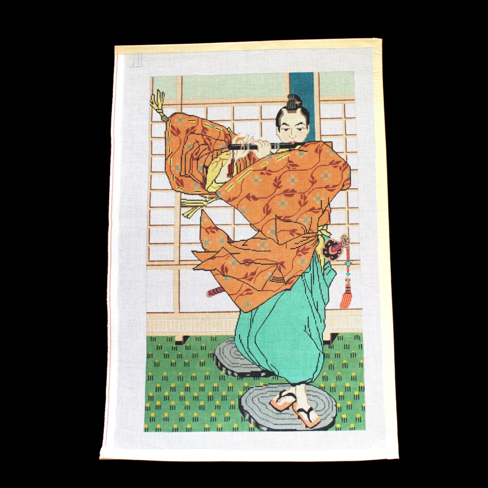 LARGE PRINCELY NEEDLEPOINT CANVAS:  ASIAN THEME FLUTE SAMURAI   BM1