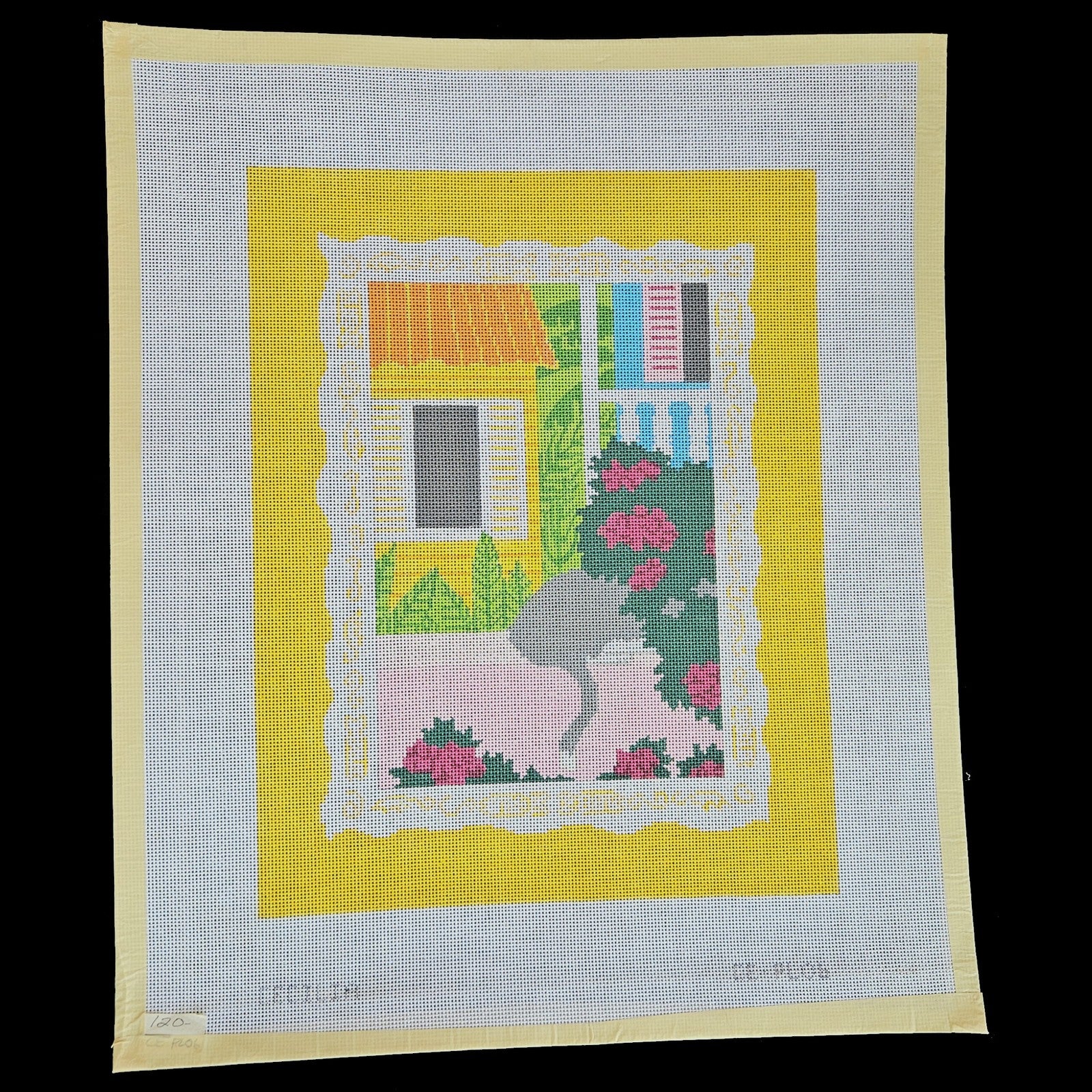 WHIMSICAL CECILIA NEEDLEPOINT CANVAS:  CAT IN BUSH   BM1