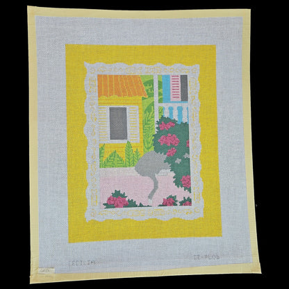 WHIMSICAL CECILIA NEEDLEPOINT CANVAS:  CAT IN BUSH   BM1