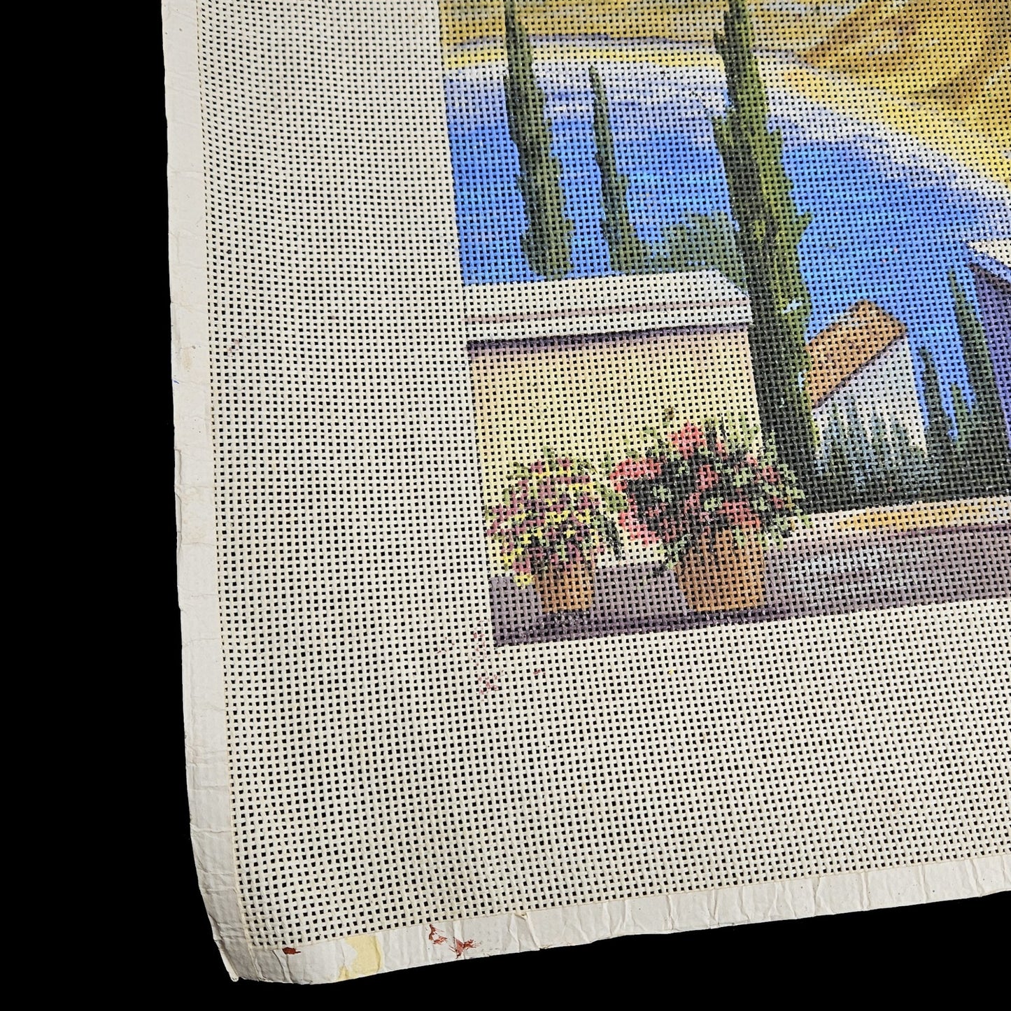 GORGEOUS HP NEEDLEPOINT CANVAS OOAK:  FLORAL DECK LANDSCAPE  GG2