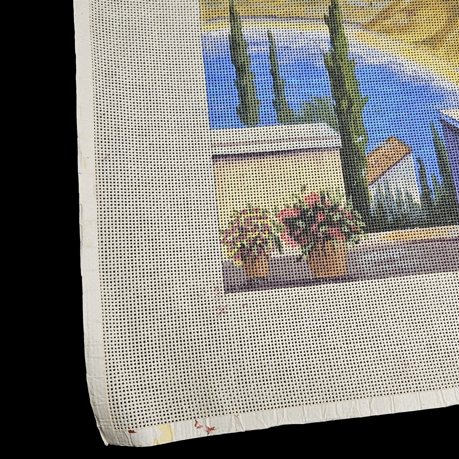GORGEOUS HP NEEDLEPOINT CANVAS OOAK:  FLORAL DECK LANDSCAPE  GG2
